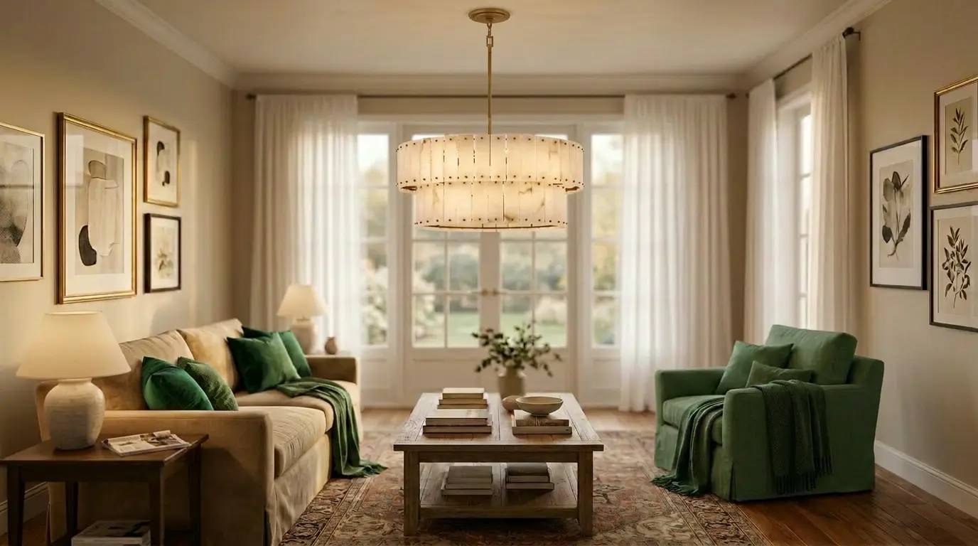 Elegant living room with designer chandelier