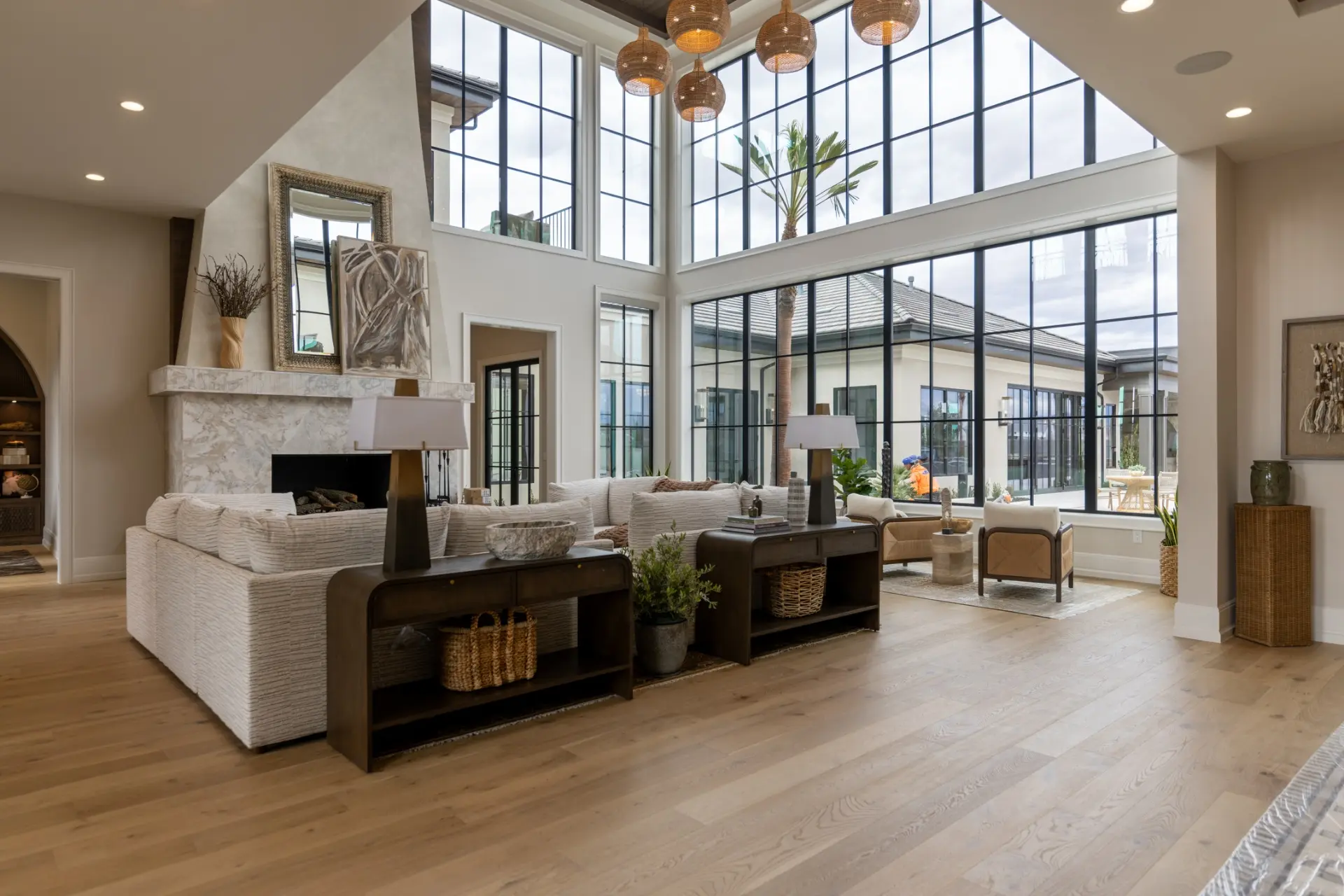 Softly lit living room with layered lighting